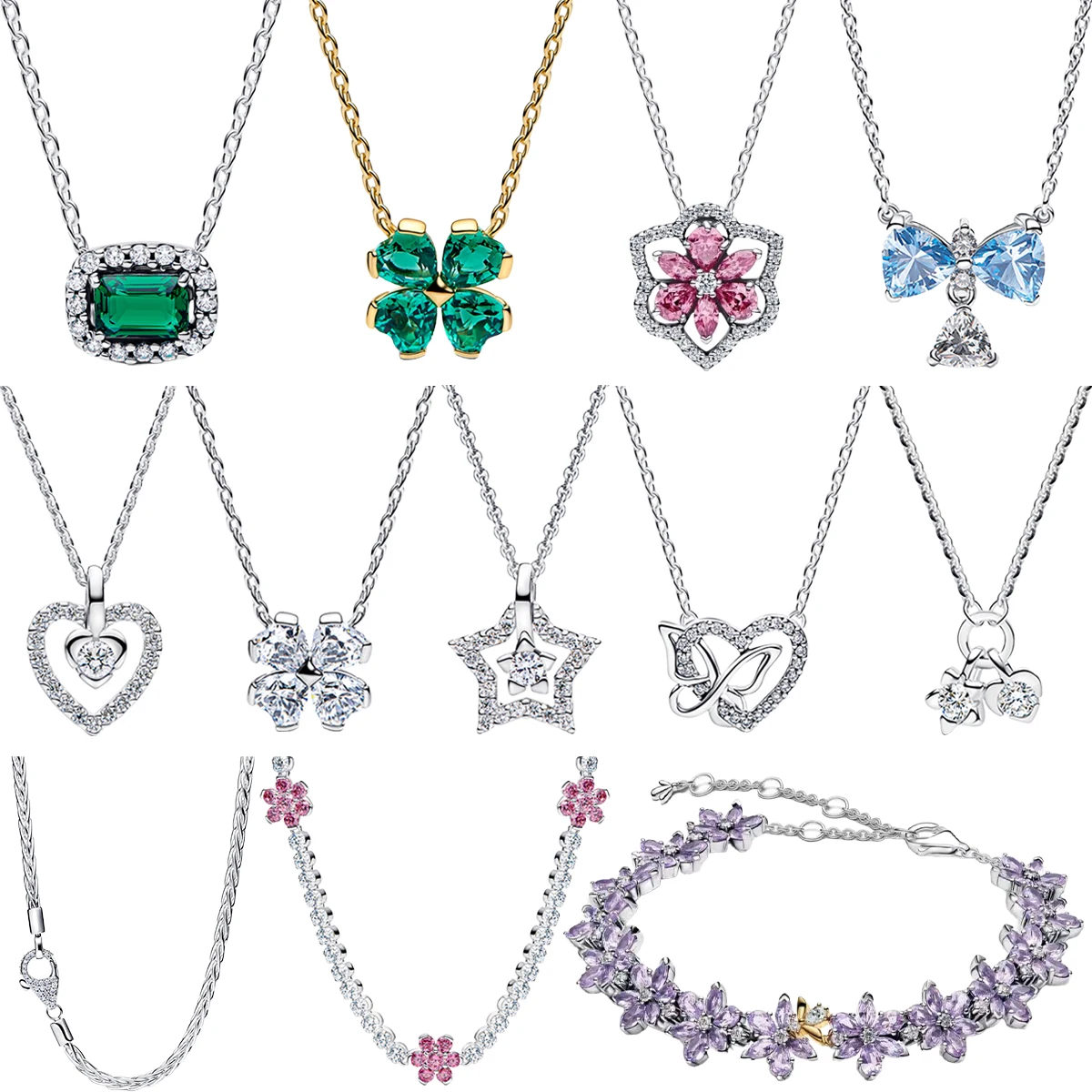 S925 Silver Clover Flower Heart Star Bow Emerald Floral AdjustableTennis Bracelet Pendant Necklace Inlaid Gem Fashion Jewelry