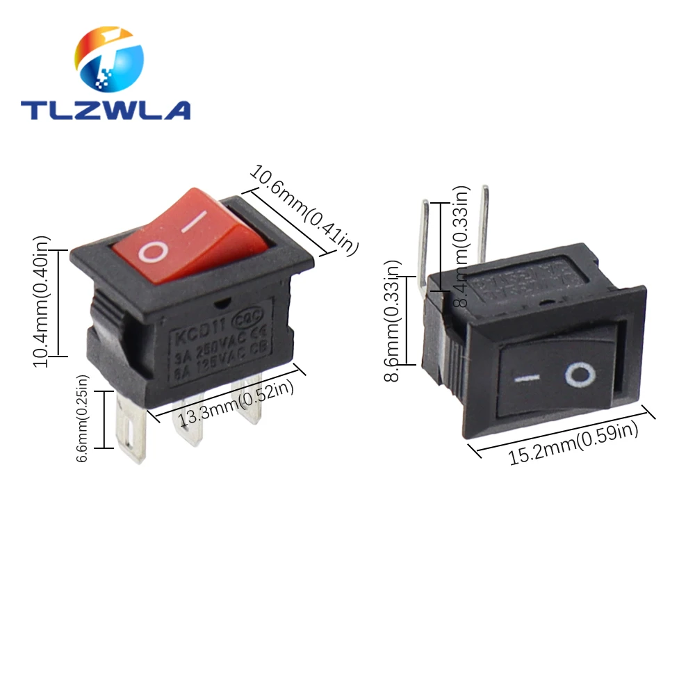 5/10PCS KCD11 Rocker Switch 10*15mm Mini Push Button Switch ON-OFF / ON-OFF-ON 2 Pins / 3 Pins 3A 250VAC / 6A 125VAC 10x15mm