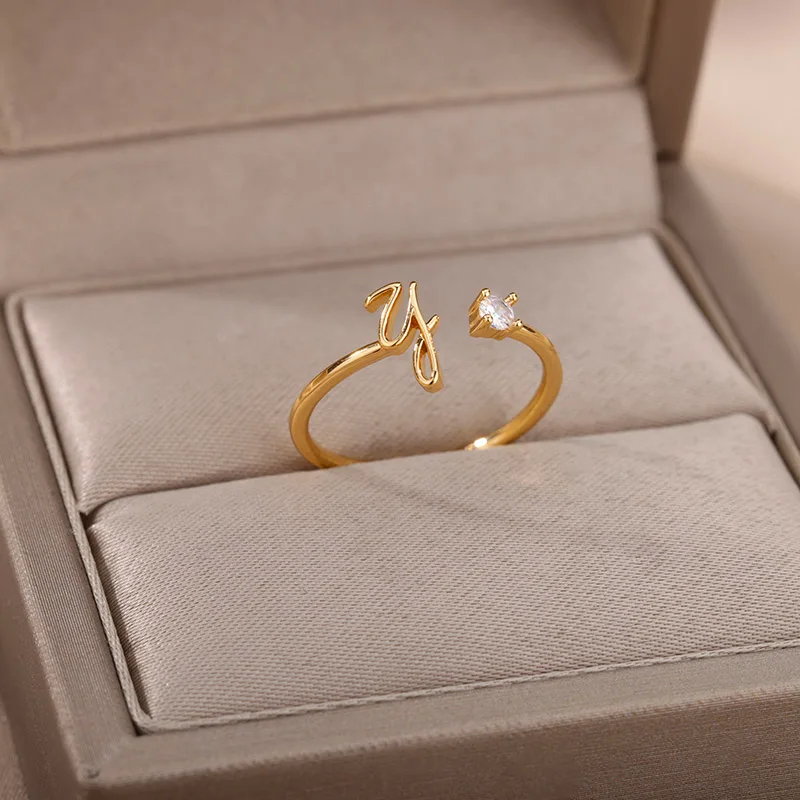Tiny Initial Letter Rings For Women Stainless Steel A-Z Letters Adjustable Ring Female Christmas Aesthetic Jewelry bijoux femme
