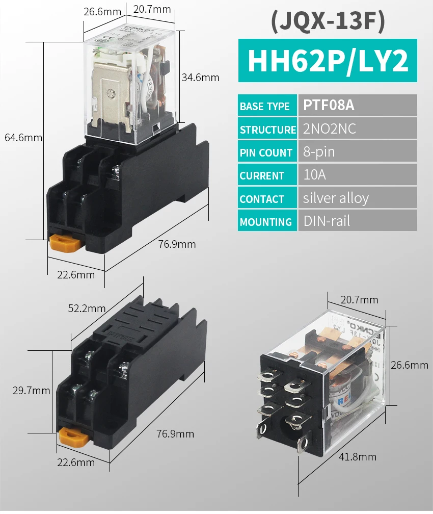JQX-13F HH62P High power Relay Coil General DPDT Micro Mini Electromagnetic Relay Switch with Socket Base AC110V220V DC12V24V10A
