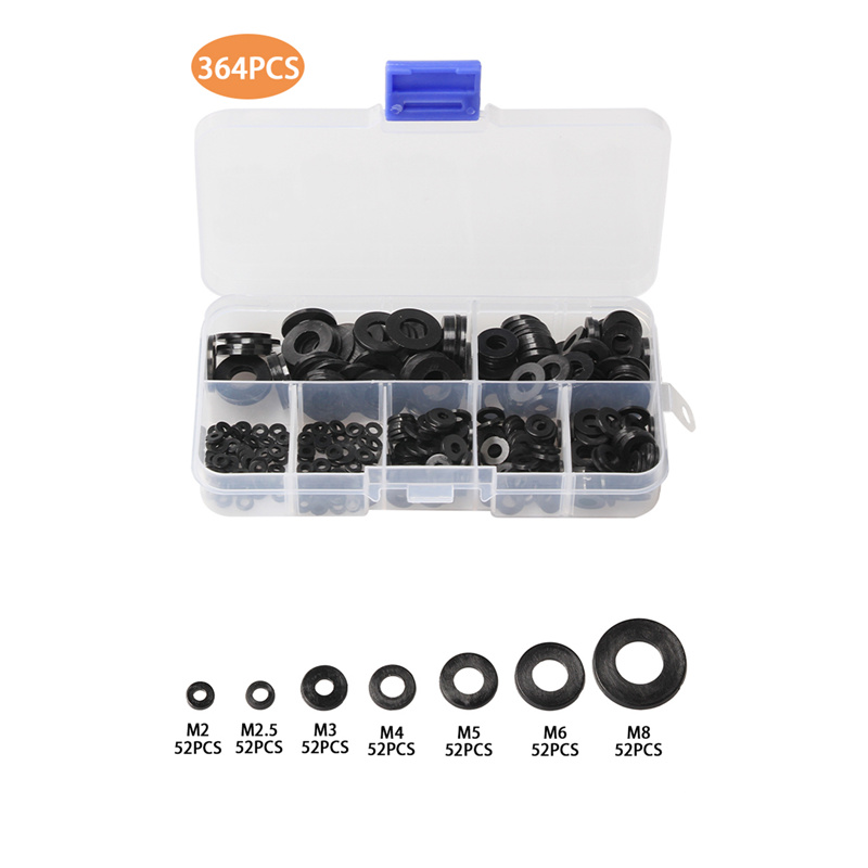 364Pcs Metric M2 M2.5 M3 M4 M5 M6 M8 Black Nylon Rubber Flat Ring Plain Repair Washer Furniture Gasket Assortment Kit
