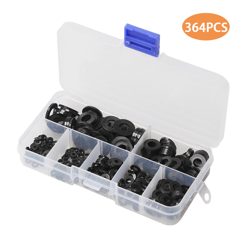 364Pcs Metric M2 M2.5 M3 M4 M5 M6 M8 Black Nylon Rubber Flat Ring Plain Repair Washer Furniture Gasket Assortment Kit