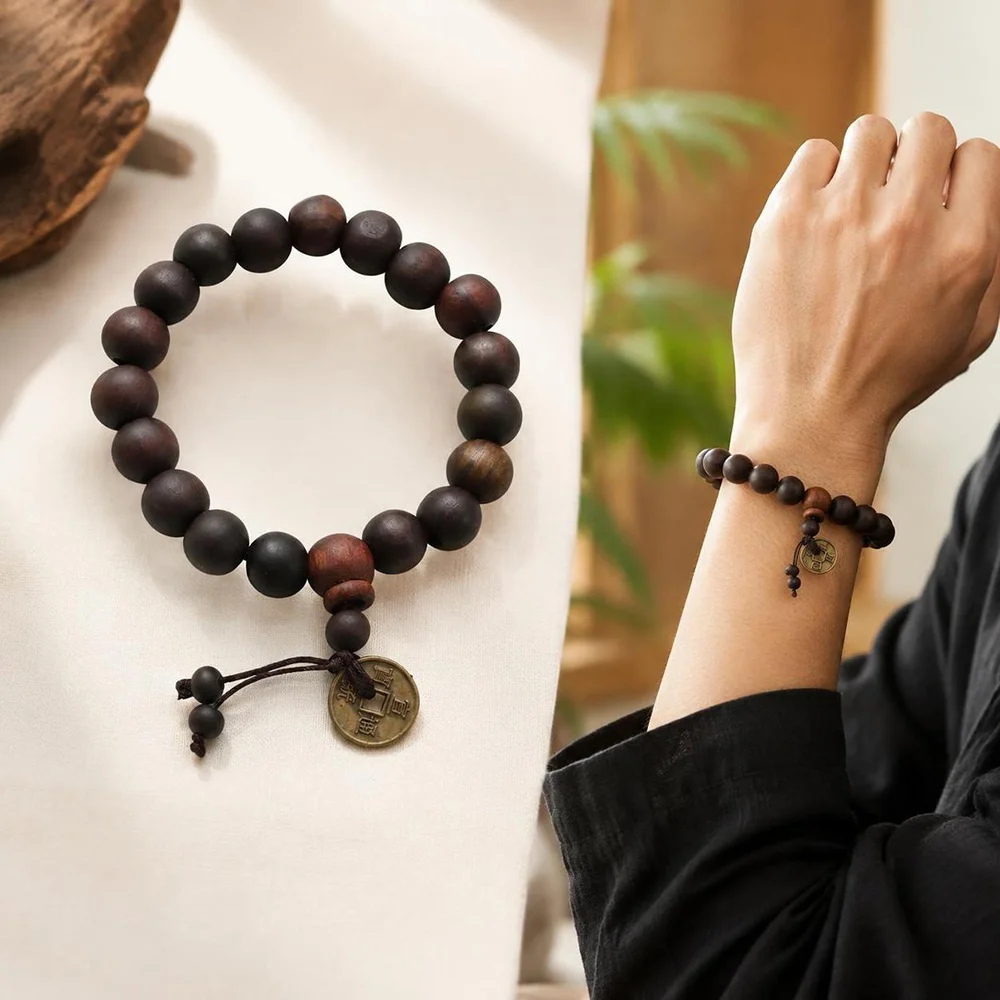 1Pc Wood Bead New Buddha Bracelet Buddhist Bangle Prayer Beads Copper Coin Women Men Lucky Religion Bracelets Charm Jewelry
