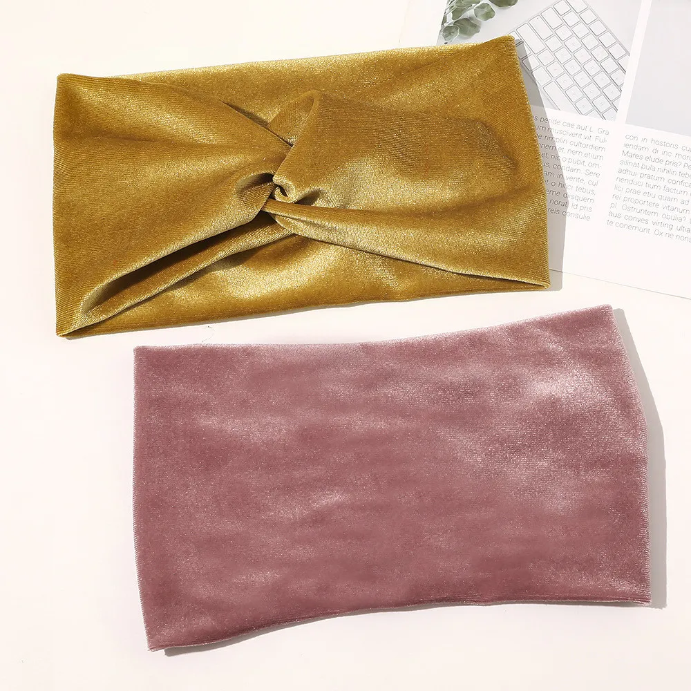 Fashion Solid Color Gold Velvet Cross Stretch Fabric Women Girl Headband Headpiece Turban Bandage Hair Accessories Headwear