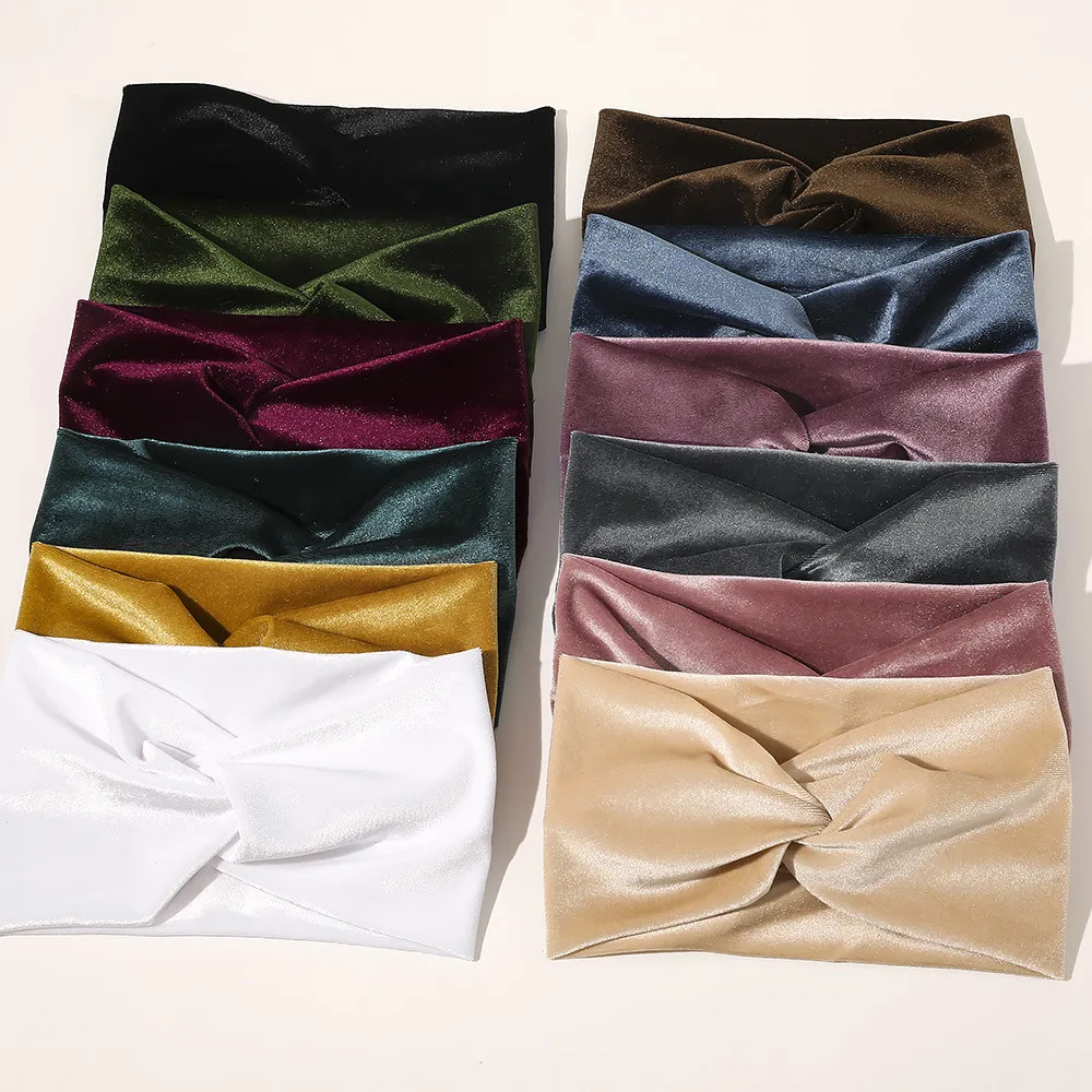 Fashion Solid Color Gold Velvet Cross Stretch Fabric Women Girl Headband Headpiece Turban Bandage Hair Accessories Headwear
