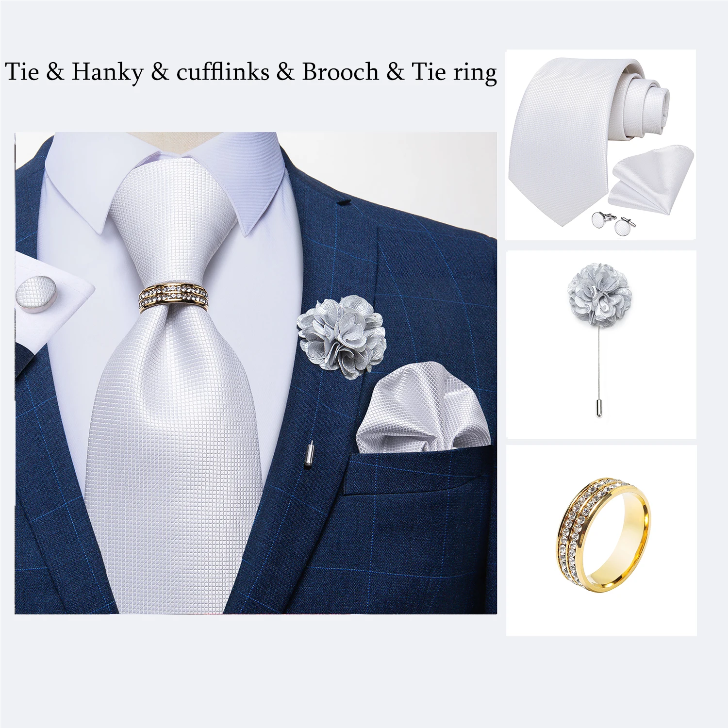 8cm Men Tie White Solid Necktie Men's Formal Wedding Party Ties Cufflinks Hanky Flower Brooch Set Men Gift Corbatas DiBanGu
