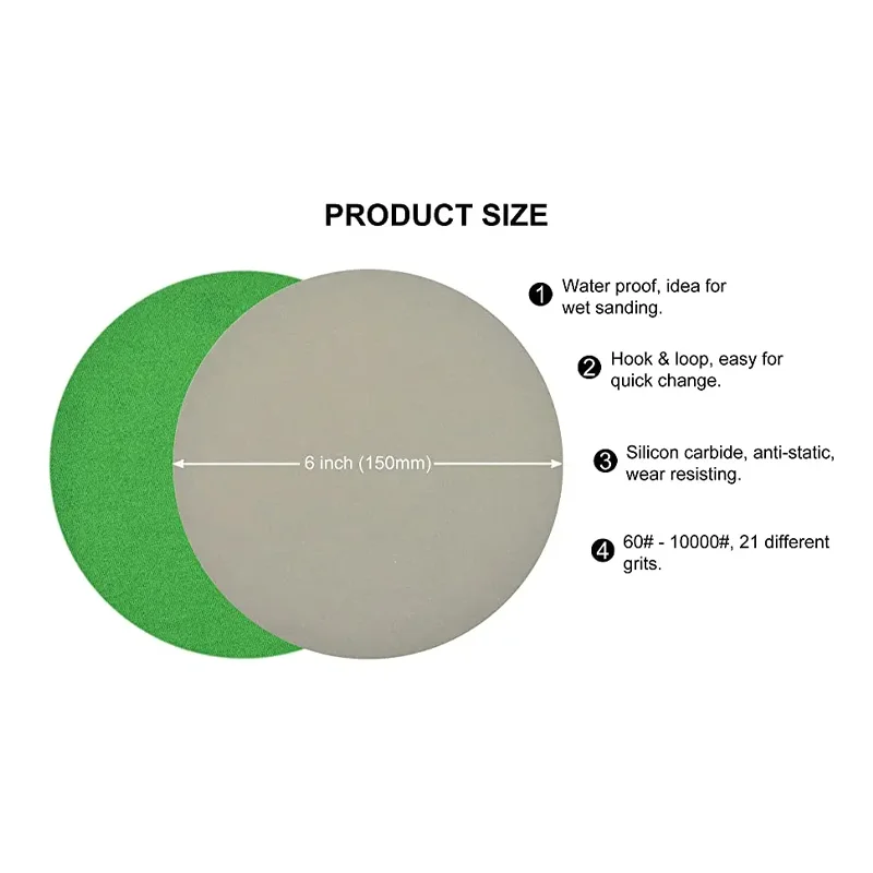 6inch Sanding Discs 150mm Waterproof Sandpaper Hook & Loop Sand Paper 320-10000 Grit Assorted for Wet/Dry Polishing 50pcs