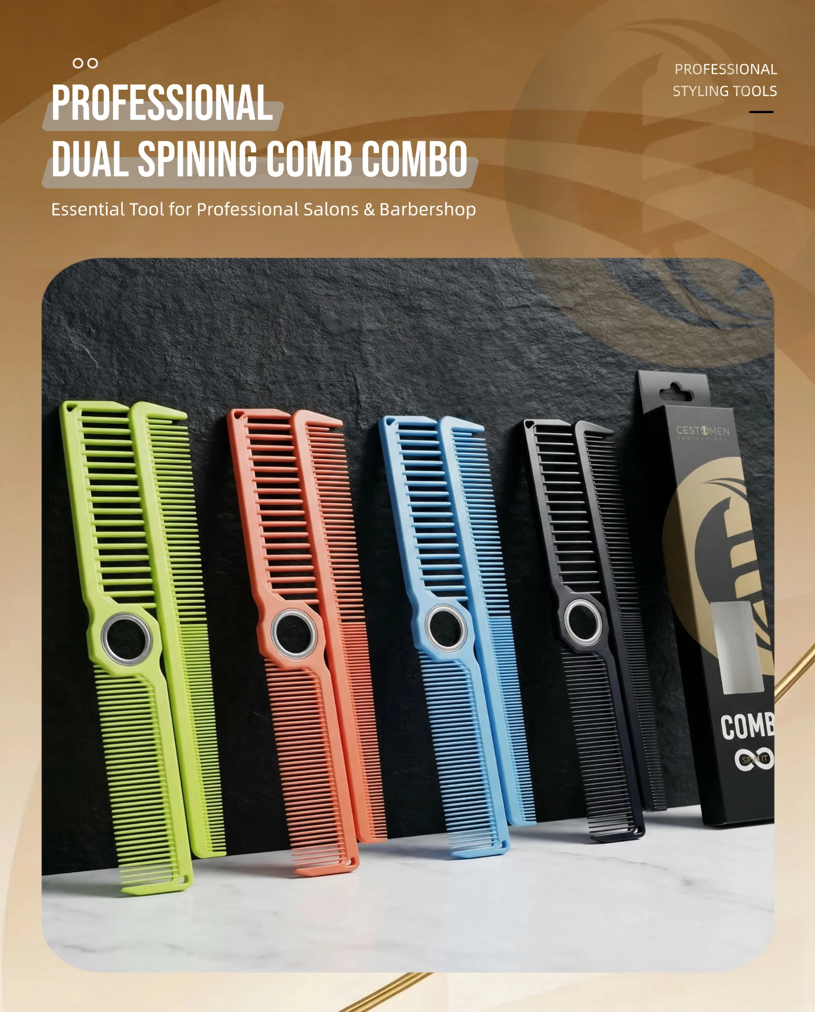 2Pcs NEW Professional Barber Dual Spining Comb Wide and Fine Tooth Cutting Comb Taper Comb for Salon Hairdressing Accessories