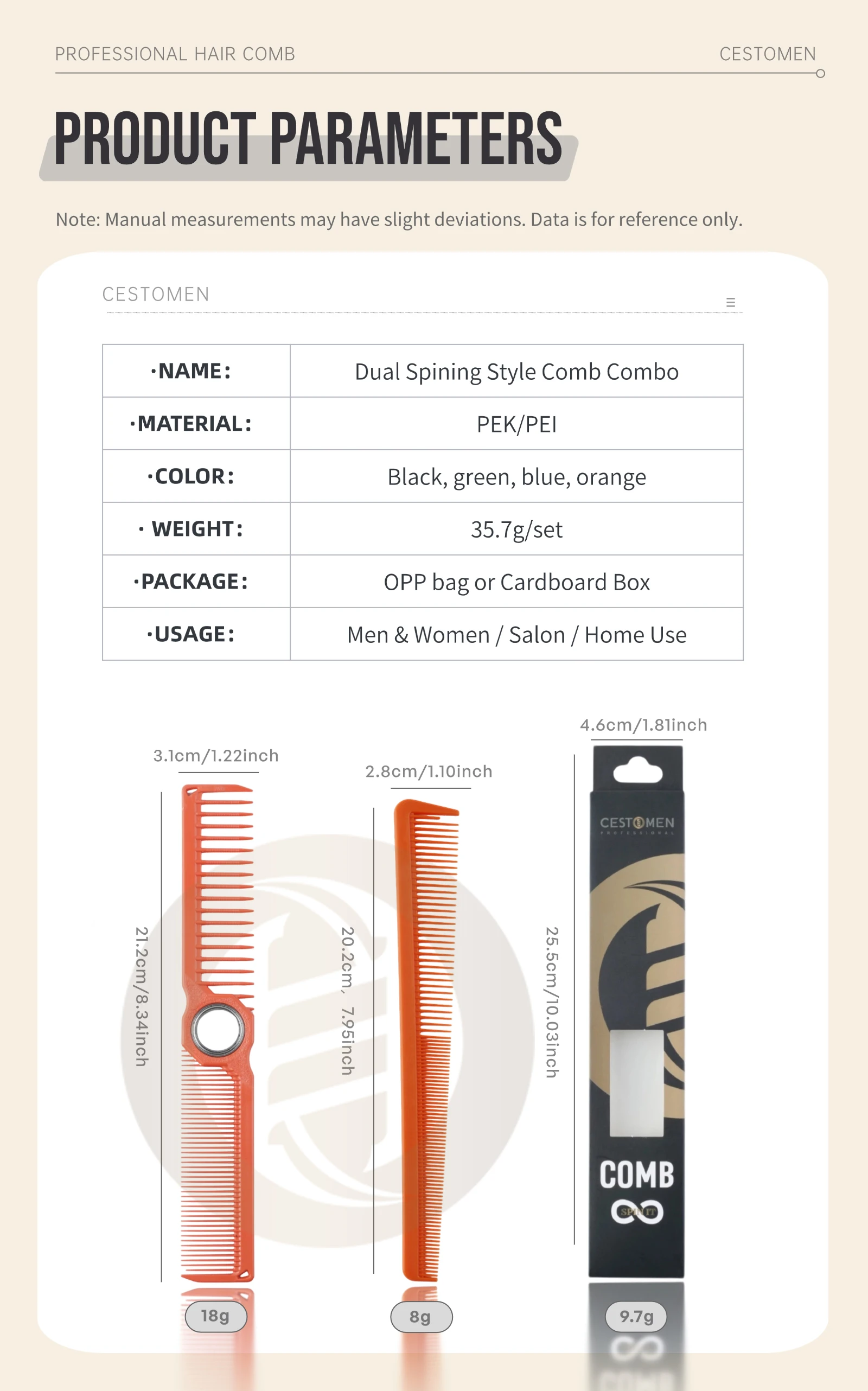 2Pcs NEW Professional Barber Dual Spining Comb Wide and Fine Tooth Cutting Comb Taper Comb for Salon Hairdressing Accessories