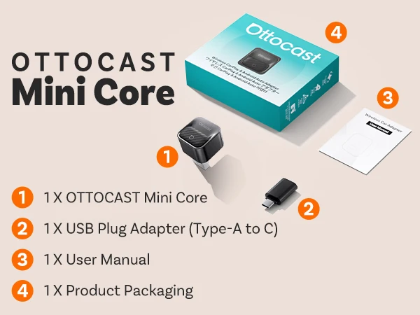 Ottocast Mini Core Wireless CarPlay Adapter Android Auto Adapter Wired to Wireless Dongle Fast Auto Reconnect Plug and Play NEW
