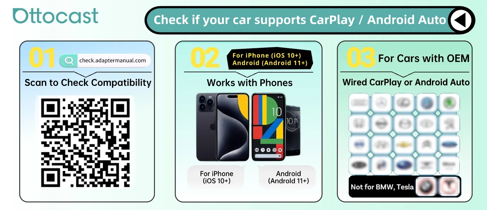 Ottocast Mini Core Wireless CarPlay Adapter Android Auto Adapter Wired to Wireless Dongle Fast Auto Reconnect Plug and Play NEW