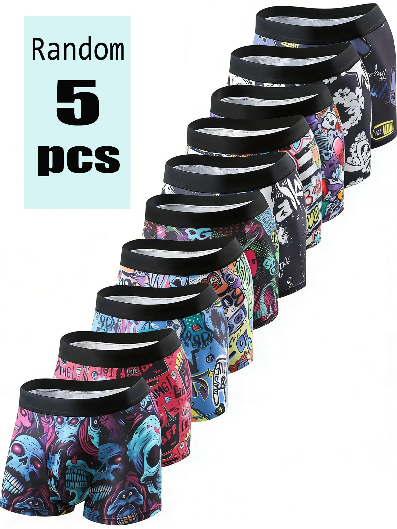 Random 5 Pieces of Men's Underwear Graffiti Personality Fashion Men's Boxers Four Seasons Trend Underwear Combination