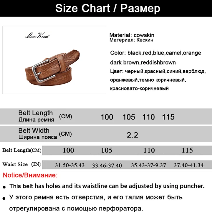 MaiKun Thin Belts for Women Unisex Genuine Leather Belt Female Metal Pin Buckle Belt