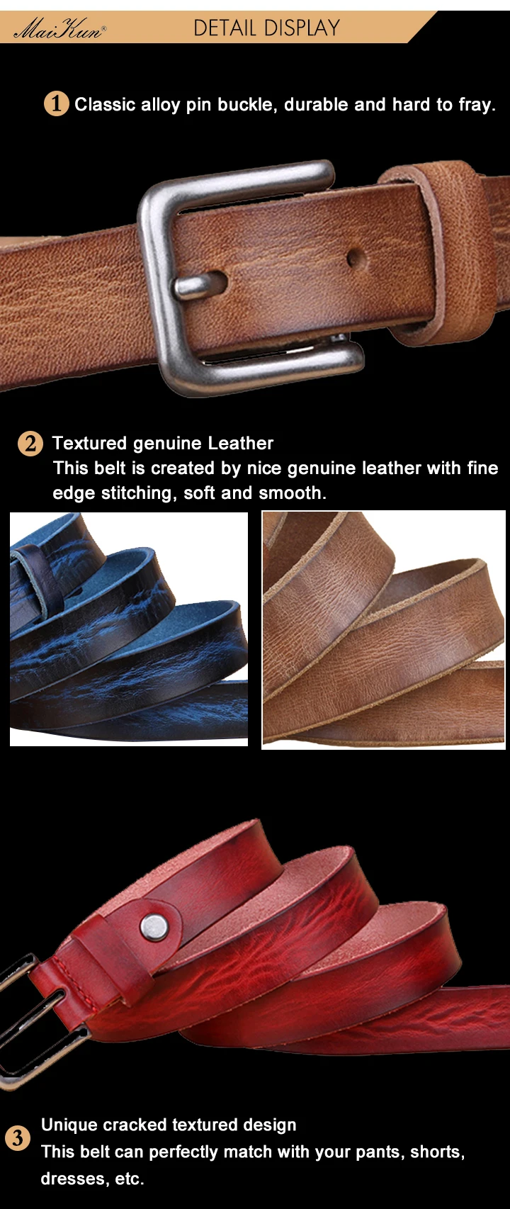 MaiKun Thin Belts for Women Unisex Genuine Leather Belt Female Metal Pin Buckle Belt