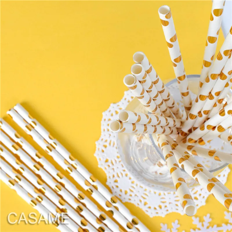 25pcs Metallic Gold heart star Foil Stripe Paper Straws Silver chevron Wedding Party Decor