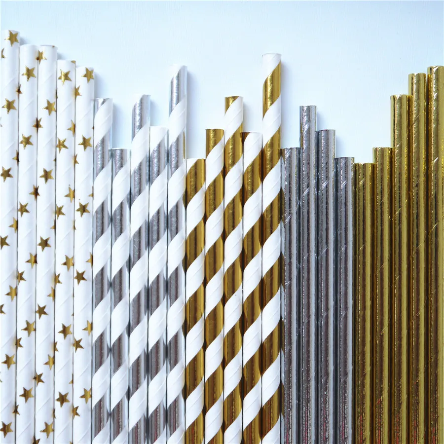 25pcs Metallic Gold heart star Foil Stripe Paper Straws Silver chevron Wedding Party Decor