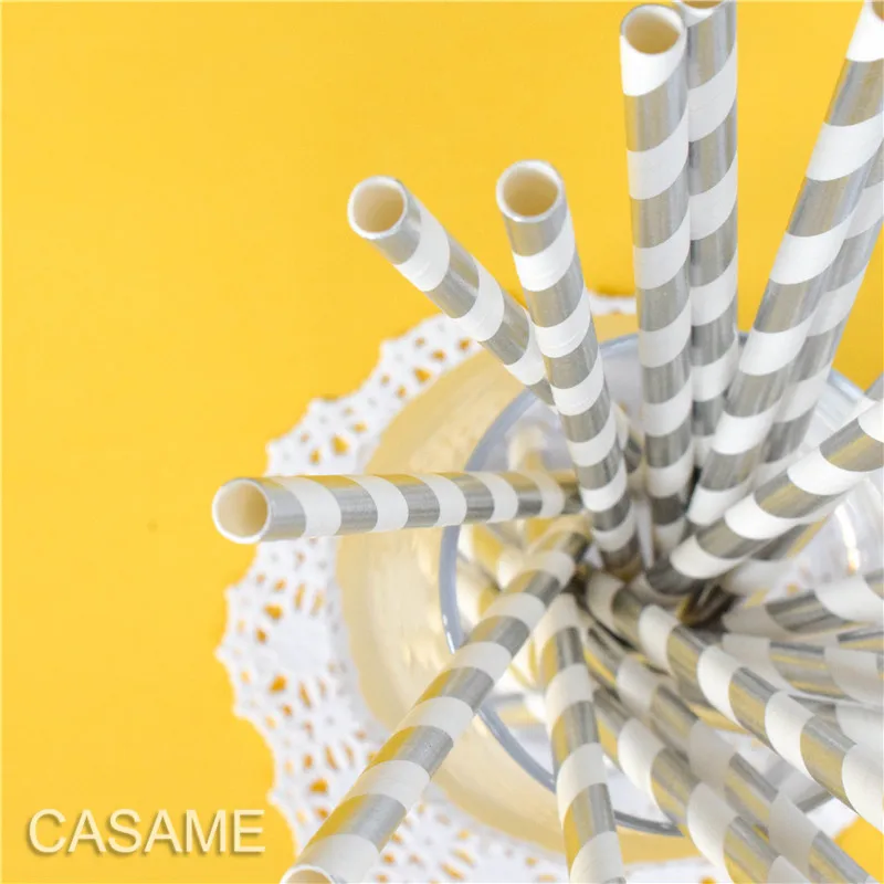 25pcs Metallic Gold heart star Foil Stripe Paper Straws Silver chevron Wedding Party Decor