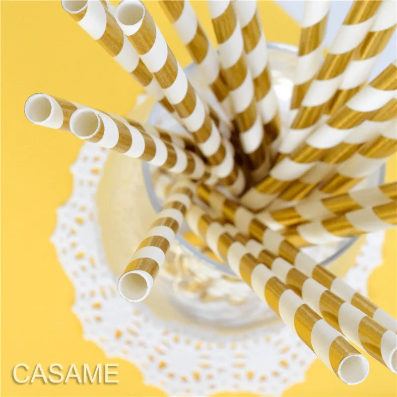 25pcs Metallic Gold heart star Foil Stripe Paper Straws Silver chevron Wedding Party Decor