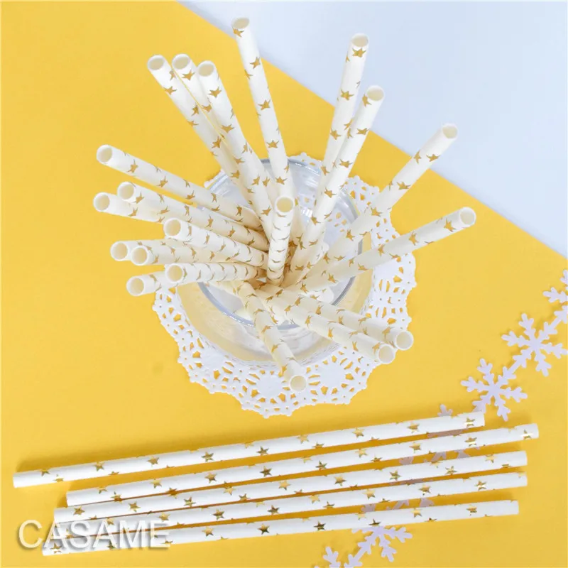 25pcs Metallic Gold heart star Foil Stripe Paper Straws Silver chevron Wedding Party Decor