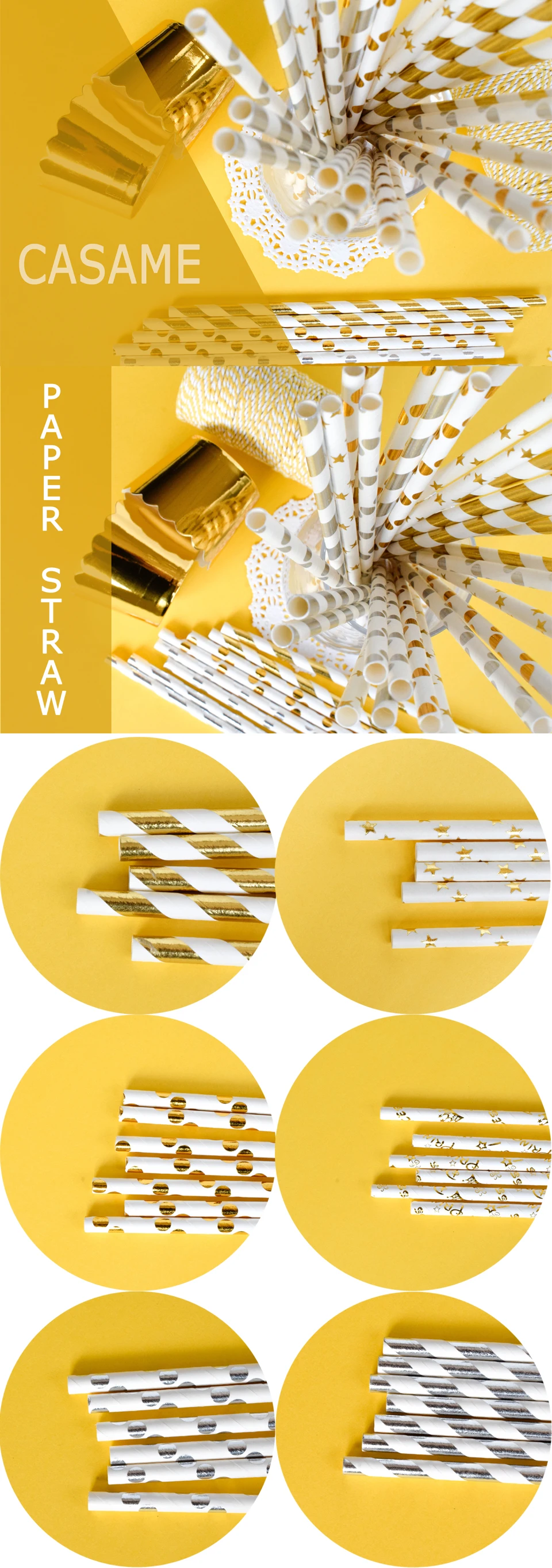 25pcs Metallic Gold heart star Foil Stripe Paper Straws Silver chevron Wedding Party Decor