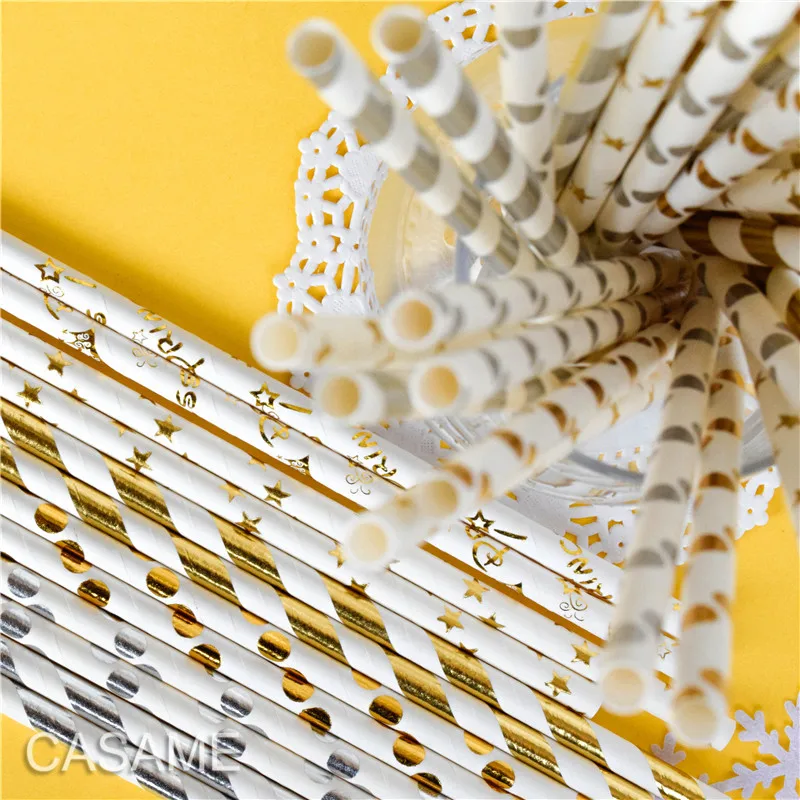 25pcs Metallic Gold heart star Foil Stripe Paper Straws Silver chevron Wedding Party Decor