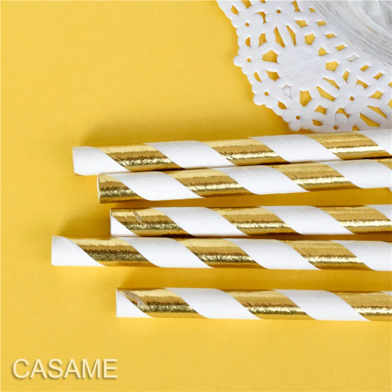 25pcs Metallic Gold heart star Foil Stripe Paper Straws Silver chevron Wedding Party Decor