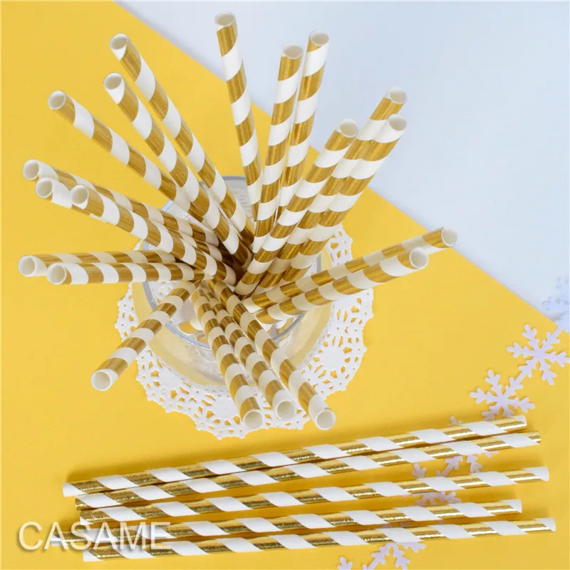 25pcs Metallic Gold heart star Foil Stripe Paper Straws Silver chevron Wedding Party Decor
