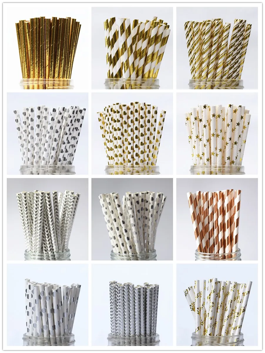 25pcs Metallic Gold heart star Foil Stripe Paper Straws Silver chevron Wedding Party Decor