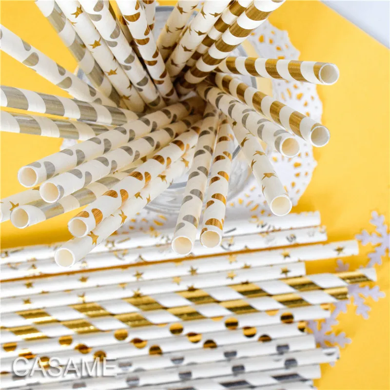 25pcs Metallic Gold heart star Foil Stripe Paper Straws Silver chevron Wedding Party Decor