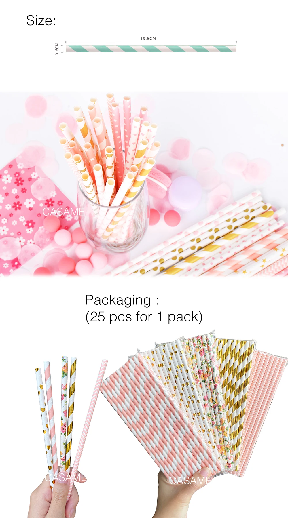 25pcs Metallic Gold heart star Foil Stripe Paper Straws Silver chevron Wedding Party Decor