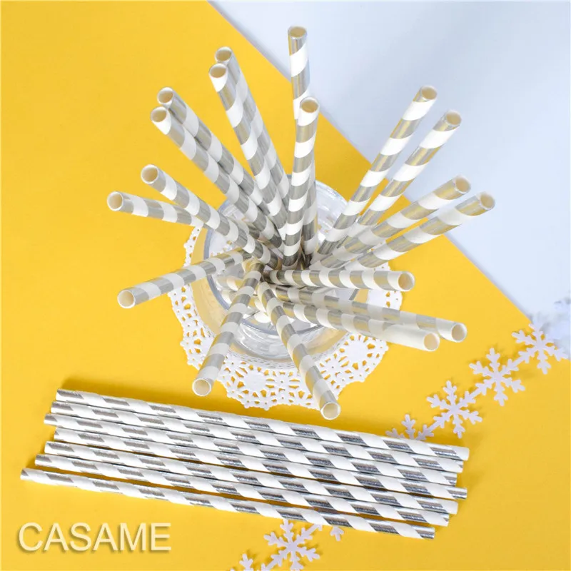 25pcs Metallic Gold heart star Foil Stripe Paper Straws Silver chevron Wedding Party Decor