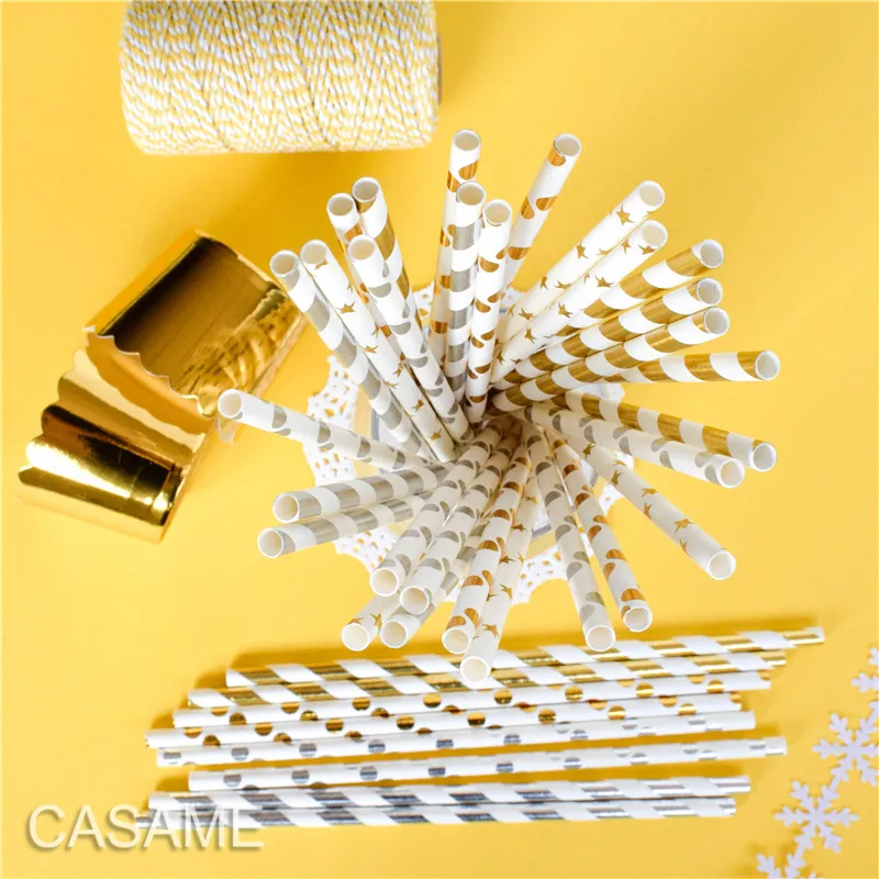25pcs Metallic Gold heart star Foil Stripe Paper Straws Silver chevron Wedding Party Decor