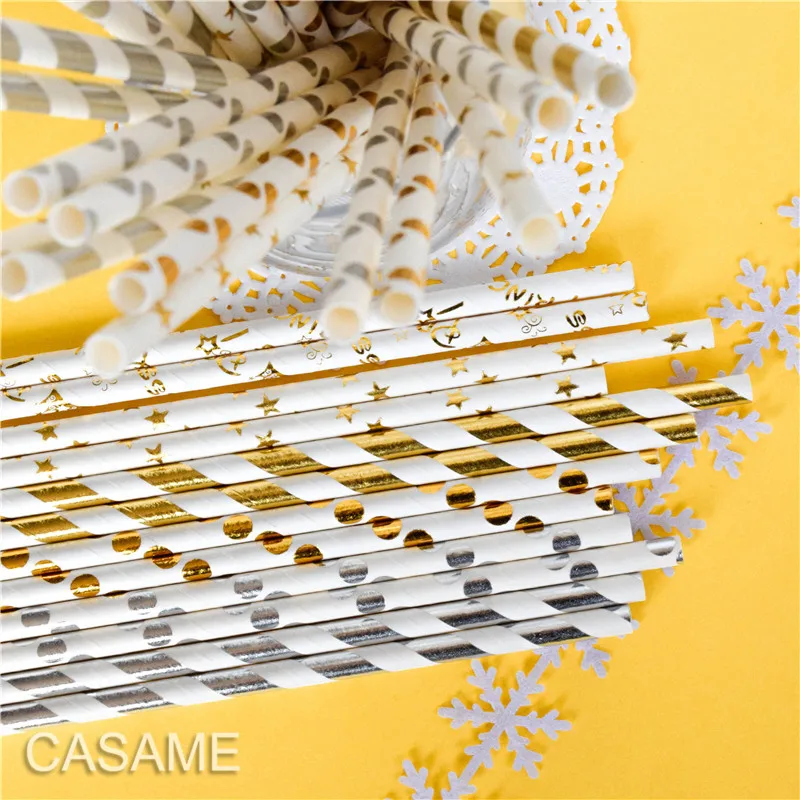 25pcs Metallic Gold heart star Foil Stripe Paper Straws Silver chevron Wedding Party Decor