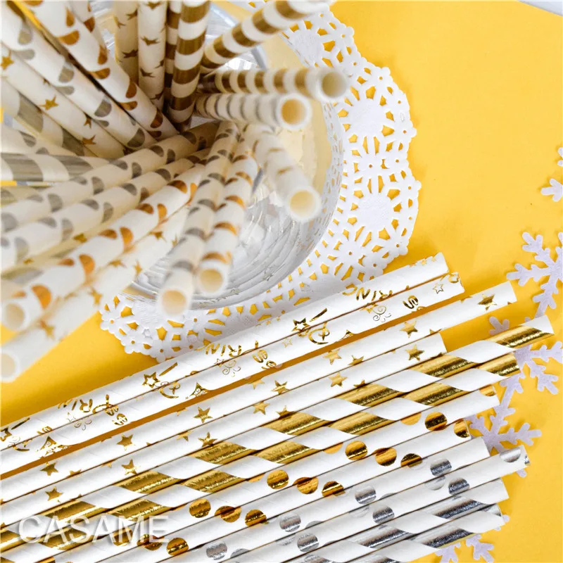 25pcs Metallic Gold heart star Foil Stripe Paper Straws Silver chevron Wedding Party Decor