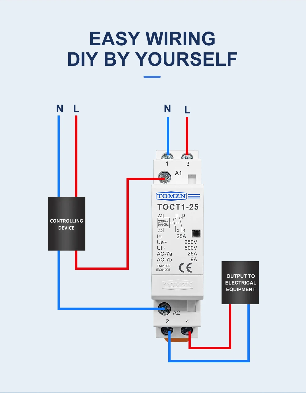 TOMZN TOCT1 2P 16A 20A 25A 220V/230V 50/60Hz Din Rail Household AC Modular Contactor 2NO or 1NO 1NC