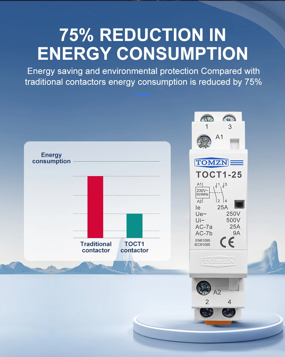 TOMZN TOCT1 2P 16A 20A 25A 220V/230V 50/60Hz Din Rail Household AC Modular Contactor 2NO or 1NO 1NC