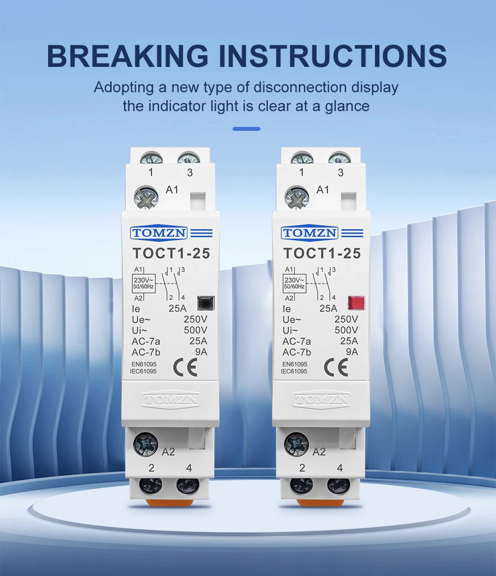 TOMZN TOCT1 2P 16A 20A 25A 220V/230V 50/60Hz Din Rail Household AC Modular Contactor 2NO or 1NO 1NC