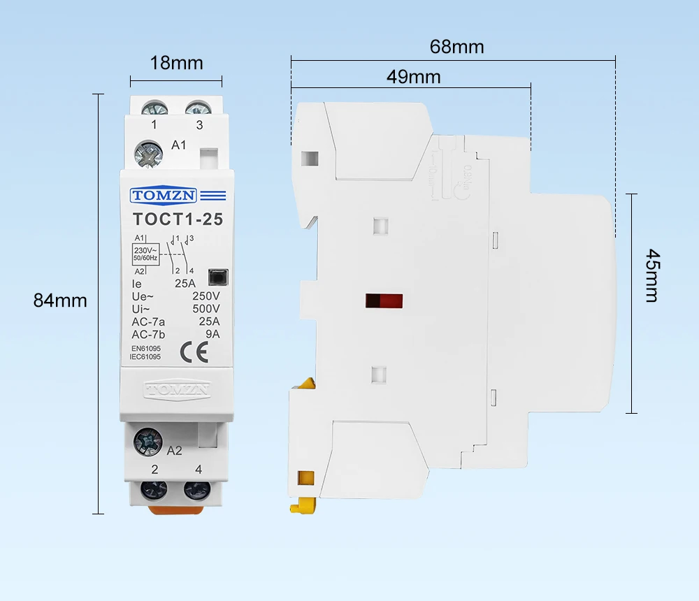 TOMZN TOCT1 2P 16A 20A 25A 220V/230V 50/60Hz Din Rail Household AC Modular Contactor 2NO or 1NO 1NC