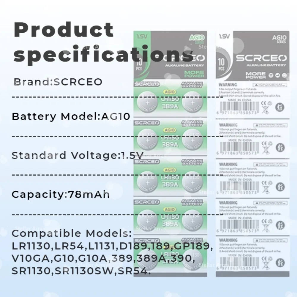 Premium High Capacity AG10 LR1130 389A LR54 L1131 SR1130 1.5V Button Coin Cell Battery for Watch Calculator Laser Toys