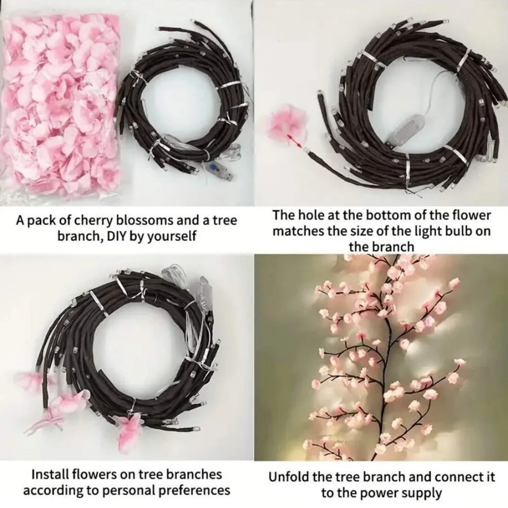 1PC 72/96/144LED Cherry Blossom Tree Lights USB Powered Dimmable LED Artificial Flower Branch Lamp for Bedroom Wedding Party