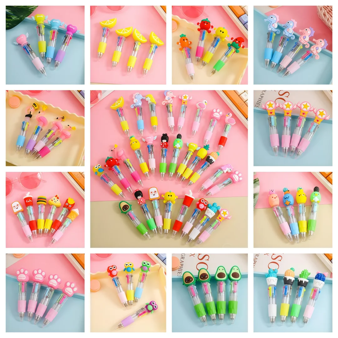 1-30Pcs Cute Cartoon Solid Color Four-Color Pen Mini Pocket Notebook Pen Creative Press Multi-Head Switch for Bullet Journals
