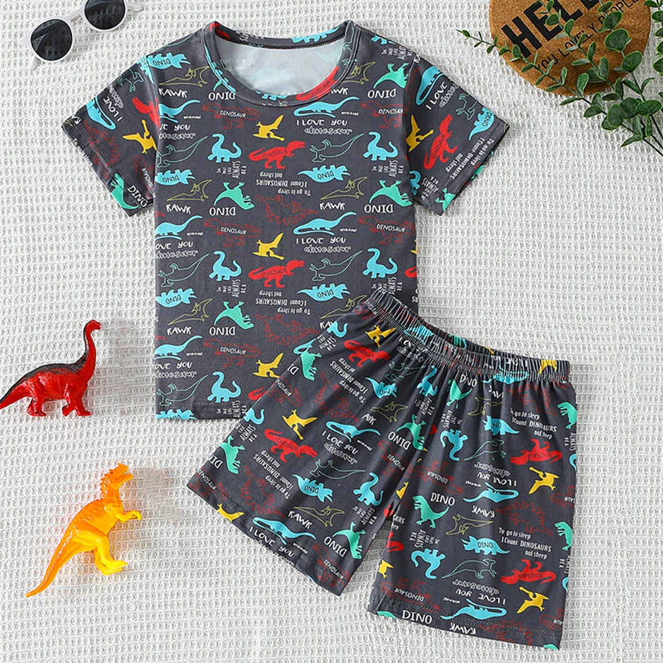 2-Piece Summer Children's Dinosaur Print Set, Cute Short-Sleeved T-Shirt for Boys and Girls, Elastic Waist, Comfortable Shorts