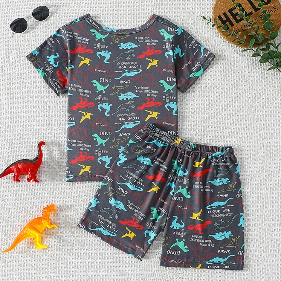2-Piece Summer Children's Dinosaur Print Set, Cute Short-Sleeved T-Shirt for Boys and Girls, Elastic Waist, Comfortable Shorts