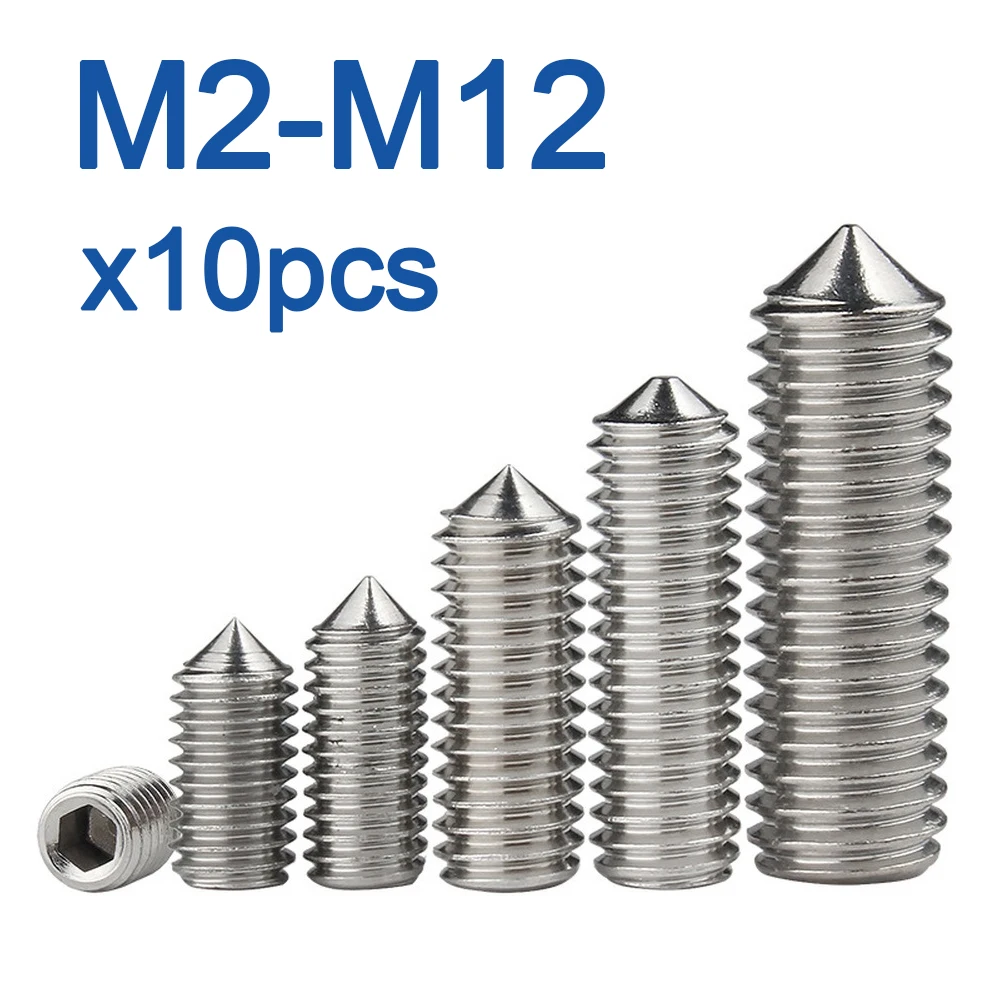 10pcs/lot Hex Hexagon Socket Set Screw Cone Point Grub Screw M2 M2.5 M3 M4 M5 M6 M8 M10 M12 304 Stainless Steel DIN914
