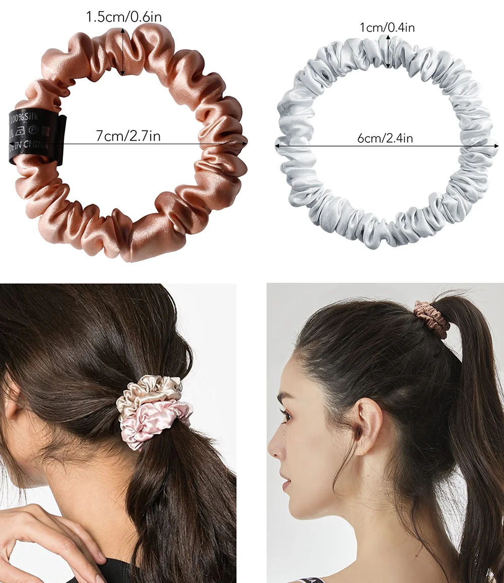 100% Pure Mulberry Silk Scrunchies Hair Ties Rubber Bands for Women Girls Small Elastic Ponytail Holder No Damage 19 Momme 1.5CM