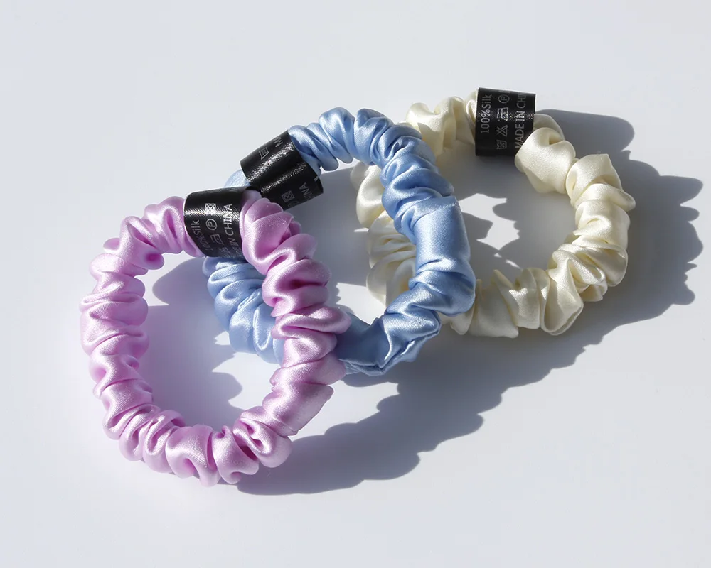 100% Pure Mulberry Silk Scrunchies Hair Ties Rubber Bands for Women Girls Small Elastic Ponytail Holder No Damage 19 Momme 1.5CM