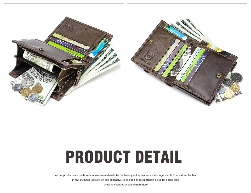 BULLCAPTAIN 100% Genuine Leather Men's Rfid Wallet Multifunctional Storage Bag Coin Purse Wallet Card Case