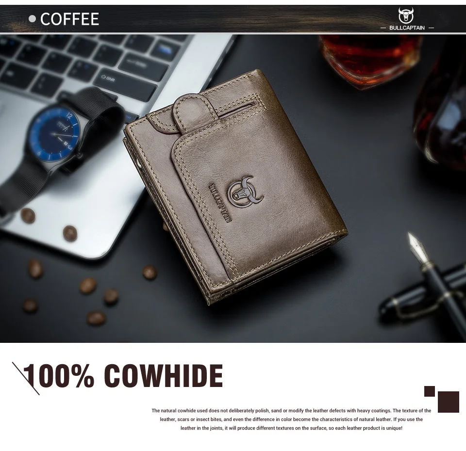 BULLCAPTAIN 100% Genuine Leather Men's Rfid Wallet Multifunctional Storage Bag Coin Purse Wallet Card Case