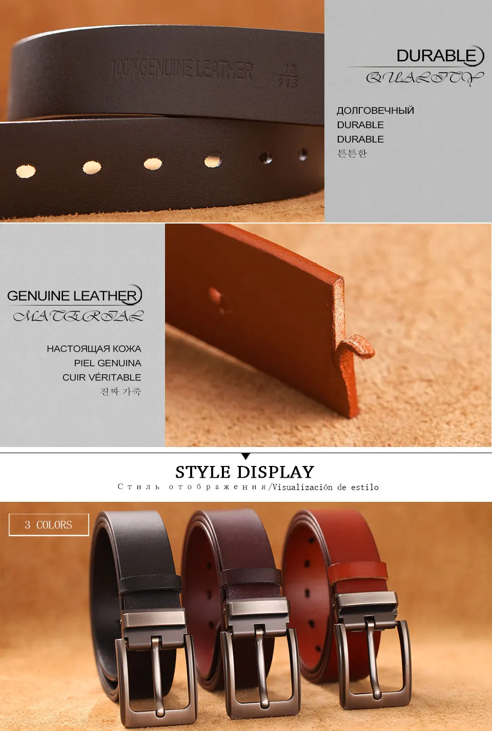 Cowhide Genuine Leather Belts for Men Male Pin Buckle Jeans Waist Belt Mens Black Brown Commuter Business Belt Ceinture Homme