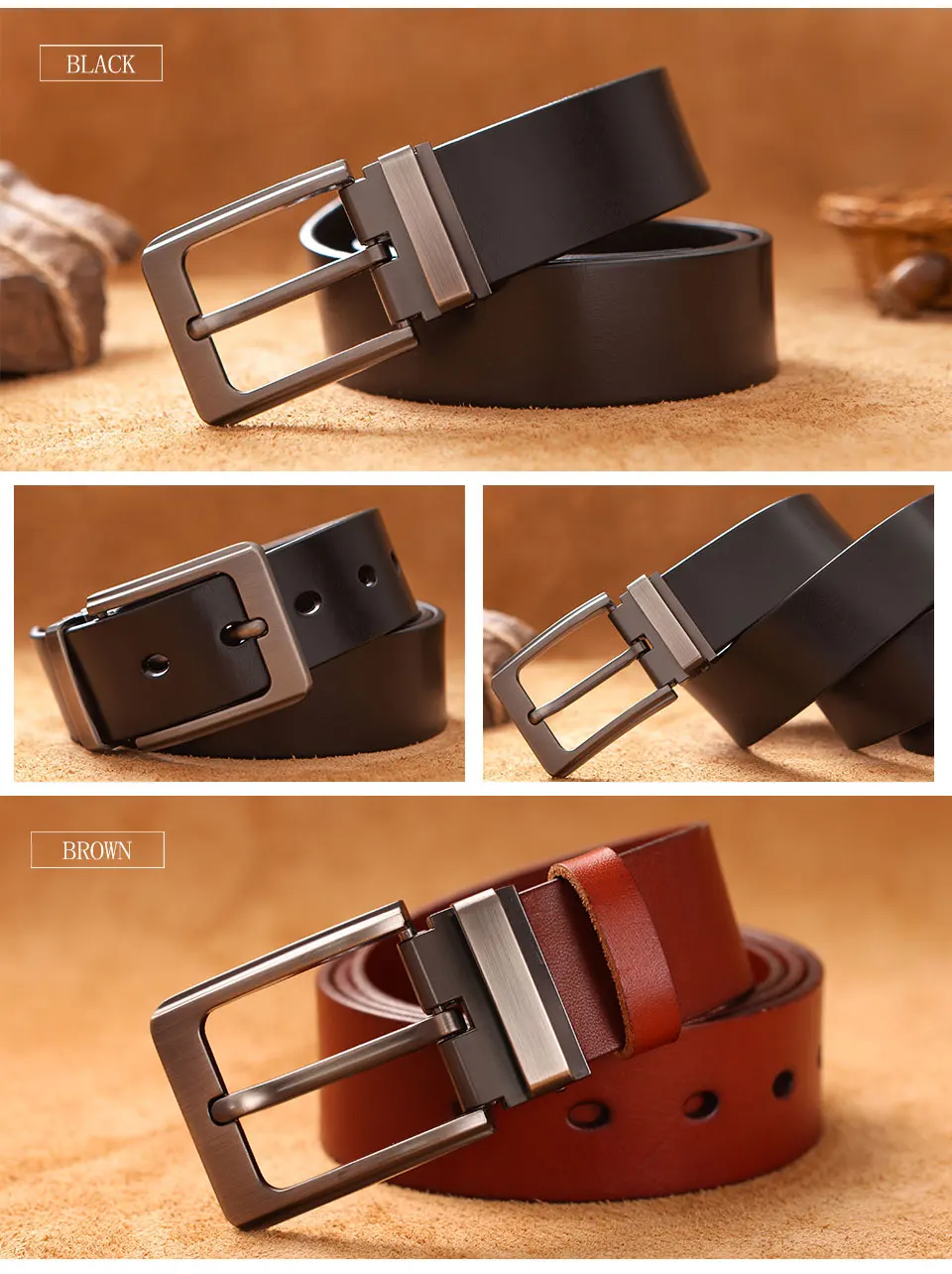 Cowhide Genuine Leather Belts for Men Male Pin Buckle Jeans Waist Belt Mens Black Brown Commuter Business Belt Ceinture Homme